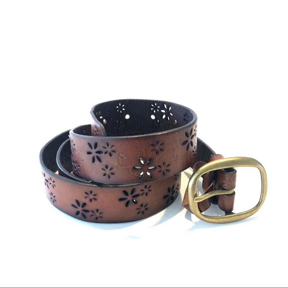 Brown Embossed Flower Laser Cut Leather Belt